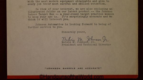 Original, Johnson Automatics, Letter, Signed, Melvin M Johnson Jr, 1947, Johnson, Rifle, Books, Literature, Autographed