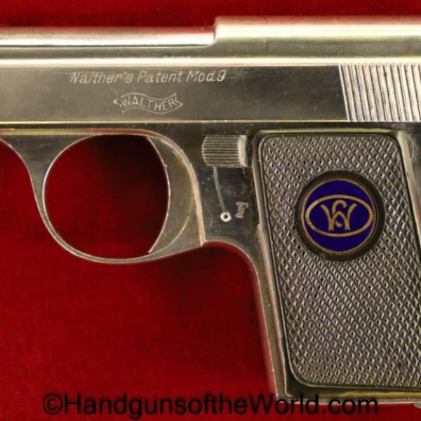 Walther, Model 9, 9, 6.35, .25, .25acp, .25 acp, .25 auto, 6.35mm, Factory Nickel, with Custom Case, Nickel, Handgun, Pistol, C&R, Vest Pocket, German, Germany, Collectible, VP, Hand gun, Firearm