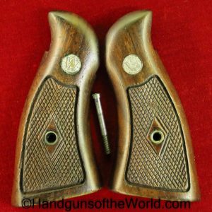 S&W, N-Frame, Grips, Checkered, Walnut, with Medallions, Original, Wood, N, Frame, N Frame, Smith and Wesson, Smith & Wesson, Medallions, Extension