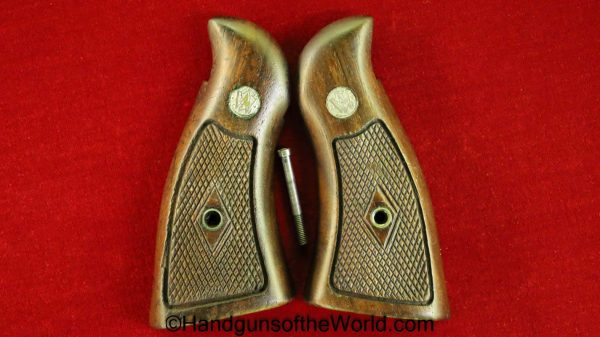 S&W, N-Frame, Grips, Checkered, Walnut, with Medallions, Original, Wood, N, Frame, N Frame, Smith and Wesson, Smith & Wesson, Medallions, Extension