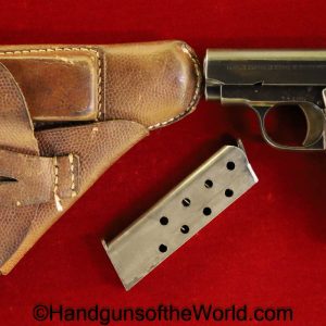 Grande Precision, Spanish, Spain, Long Grip, 6.35mm, Geco, Retailer Marked, Full Rig, Holster, 6.35, .25, German, Germany, Handgun, Pistol, C&R, Collectible