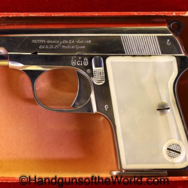 Astra, 2000, 2001, Cub, 6.35mm, Factory Nickel, Pearlite Grips, Boxed, with Box, Nickel, Spain, Spanish, 1957, Handgun, Pistol, C&R, Collectible, .25, 6.35