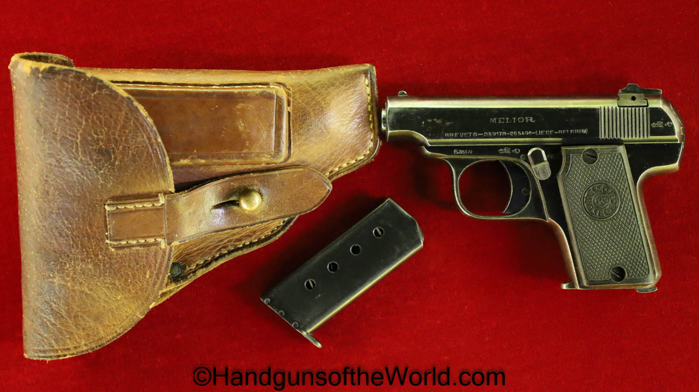 Melior, New Model, 6.35mm, Geco, Retailer Marked, with Holster, German, Germany, Belgian, Belgium, Handgun, Pistol, C&R, Collectible, 1920, WWII, WW2, .25