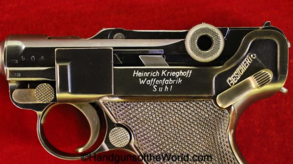 Krieghoff, P08, P-08, P08, P.08, 9mm, Luger, P-Code, Side Frame Inscription, Handgun, Pistol, C&R, Collectible, German, Germany, Hand gun, Firearm