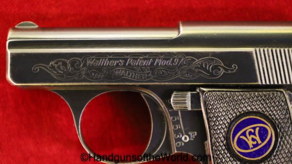 Walther, 9, Model 9, 6.35mm, Factory Engraved, with Holster, German, Germany, VP, Vest Pocket, Handgun, Pistol, C&R, Collectible, 25, .25, Acid, Etched