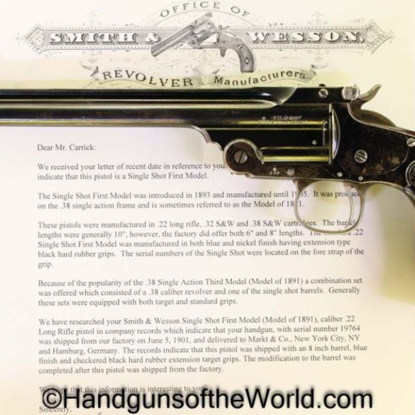 .22, .22lr, 1891, 1st, 8" Barrel, America, C&R, Collectible, Handgun, Model, Pistol, S&W, First, Single shot, Smith & Wesson, Smith and Wesson, Target, usa