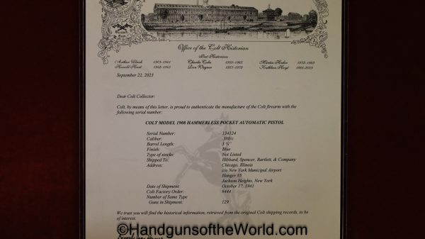 Colt, 1908, .380, United Airlines, Provenance, United, Handgun, Pistol, C&R, Collectible, Pocket, 380, acp, auto, Hammerless, USA, American, 1941