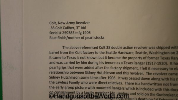 Colt, New Army, .38, Texas Ranger, Provenance, Grouping, 38, Handgun, Revolver, C&R, Collectible, Texas, Ranger, Pearl, 3", Barrel, Americana, USA, America