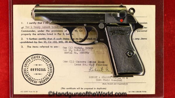 Walther, PP, 7.65mm, Nazi, German, Germany, WW2, WWII, with Capture Paper, Handgun, Pistol, C&R, Collectible, 32, .32, acp, auto, Pocket, 7.65, Capture Paper