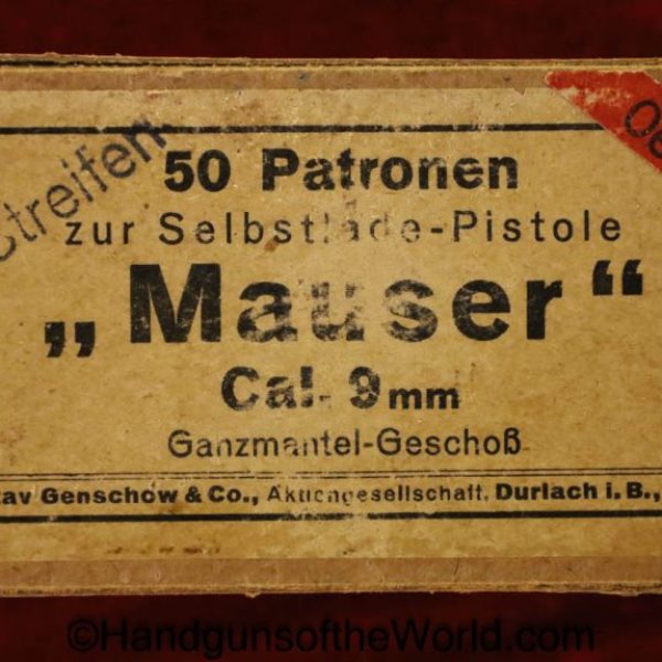 Mauser, 9mm, Export, Ammo-Geco, Export Ammo, Geco, Ammunition, C96, 1896, Broomhandle, Broom Handle, Original, Collectible, German, Germany, Boxed