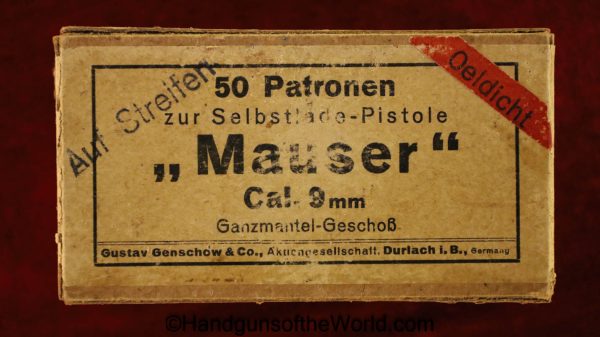 Mauser, 9mm, Export, Ammo-Geco, Export Ammo, Geco, Ammunition, C96, 1896, Broomhandle, Broom Handle, Original, Collectible, German, Germany, Boxed