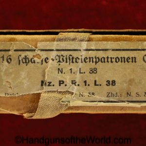 Luger, 9mm, ammo,1938, Ammunition, Kraft Box, Kraft-Box, Boxed, Original, Unopened, German, Germany, WW2, WWII, Collectible, P08, P 08, P-08, P.08