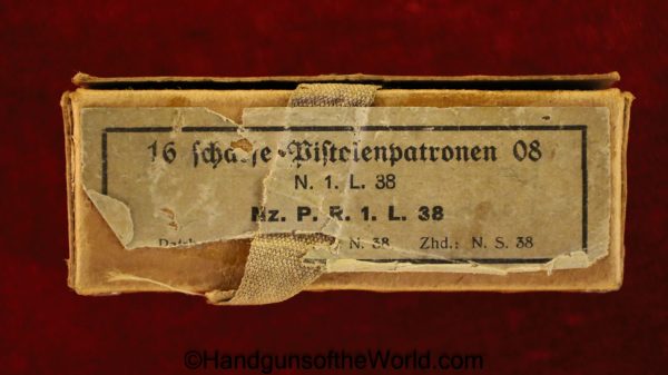 Luger, 9mm, ammo,1938, Ammunition, Kraft Box, Kraft-Box, Boxed, Original, Unopened, German, Germany, WW2, WWII, Collectible, P08, P 08, P-08, P.08