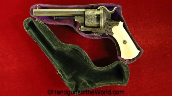 Pinfire, Revolver, 9mm, Engraved, with Pipe Case, Cased, with Case, Handgun, Revolver, Antique, Pin Fire, Belgium, Belgian, British, English, Factory Engraved