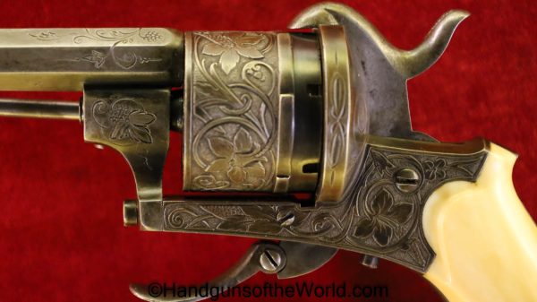 Pinfire, Revolver, 9mm, Engraved, with Pipe Case, Cased, with Case, Handgun, Revolver, Antique, Pin Fire, Belgium, Belgian, British, English, Factory Engraved