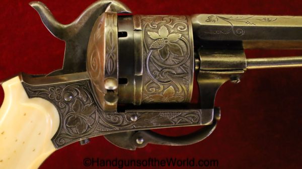 Pinfire, Revolver, 9mm, Engraved, with Pipe Case, Cased, with Case, Handgun, Revolver, Antique, Pin Fire, Belgium, Belgian, British, English, Factory Engraved