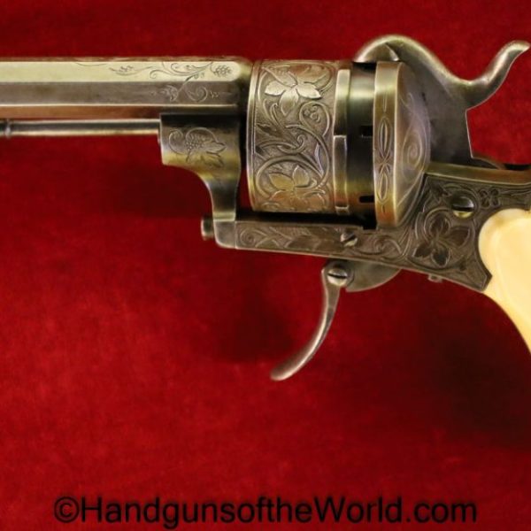 Pinfire, Revolver, 9mm, Engraved, with Pipe Case, Cased, with Case, Handgun, Revolver, Antique, Pin Fire, Belgium, Belgian, British, English, Factory Engraved
