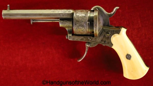 Pinfire, Revolver, 9mm, Engraved, with Pipe Case, Cased, with Case, Handgun, Revolver, Antique, Pin Fire, Belgium, Belgian, British, English, Factory Engraved