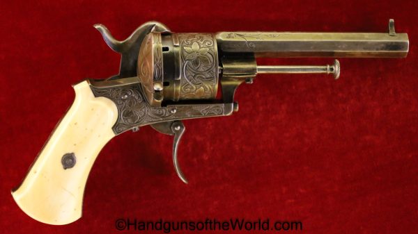 Pinfire, Revolver, 9mm, Engraved, with Pipe Case, Cased, with Case, Handgun, Revolver, Antique, Pin Fire, Belgium, Belgian, British, English, Factory Engraved