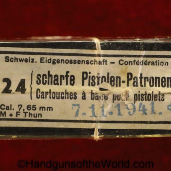 Swiss, Luger, 7.65mm, Ammo, Ammunition, Original, Boxed, Collectible, Swiss Luger, Switzerland, 7.65, 1941, Military, Military Issue, Wartime, Cardboard