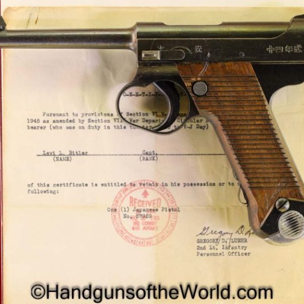 Nambu, Type 14, 8mm, 19.9, Date, with Capture Paper, Japan, Japanese, WWII, WW2, Handgun, Pistol, C&R, Collectible, 1944, September, Capture Paper, 14