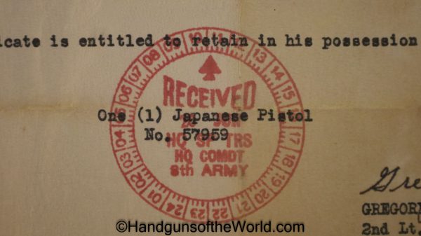 Nambu, Type 14, 8mm, 19.9, Date, with Capture Paper, Japan, Japanese, WWII, WW2, Handgun, Pistol, C&R, Collectible, 1944, September, Capture Paper, 14