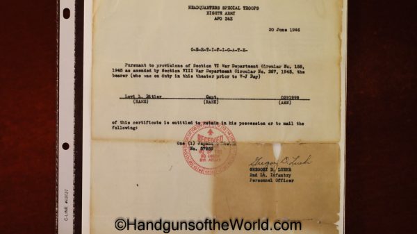 Nambu, Type 14, 8mm, 19.9, Date, with Capture Paper, Japan, Japanese, WWII, WW2, Handgun, Pistol, C&R, Collectible, 1944, September, Capture Paper, 14