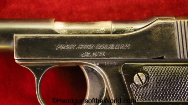 Franz Stock, Vest Pocket, 6.35mm, VP, Stock, Franz, 6.35, 25, .25, acp, auto, German, Germany, Handgun, Pistol, C&R, Collectible, Factory Nickel, Nickel