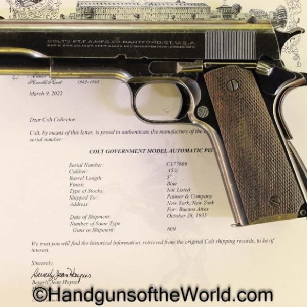 Colt, Government Model, .45acp, Argentine, Navy, Naval, Argentina, Marina, 1911, Handgun, Pistol, C&R, Collectible, 45, .45, acp, auto, Lettered, with Letter