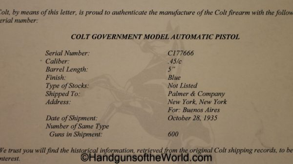 Colt, Government Model, .45acp, Argentine, Navy, Naval, Argentina, Marina, 1911, Handgun, Pistol, C&R, Collectible, 45, .45, acp, auto, Lettered, with Letter