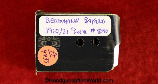 Bergmann Bayard, 1910, 1910/21, 9mm, Magazine, Clip, Mag, Original, Collectible, Denmark, Danish, Handgun, Pistol, Bergmann, Bayard, 8040, #8040, Model