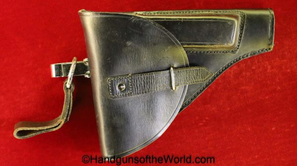 Beretta, Model, 1934, 1935, Holster, Black, leather, with chrome belt clip and hanger, with Hanger, Original, Collectible, Italy, Italian, Handgun, Pistol