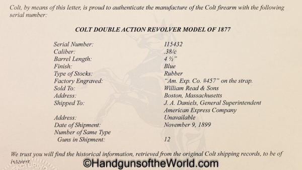 Colt, 1877, Lightning, .38, 1899, American Express Co, Marked, Handgun, Revolver, C&R, Collectible, 38, Long Colt, LC, Model, Lettered, with Letter, USA