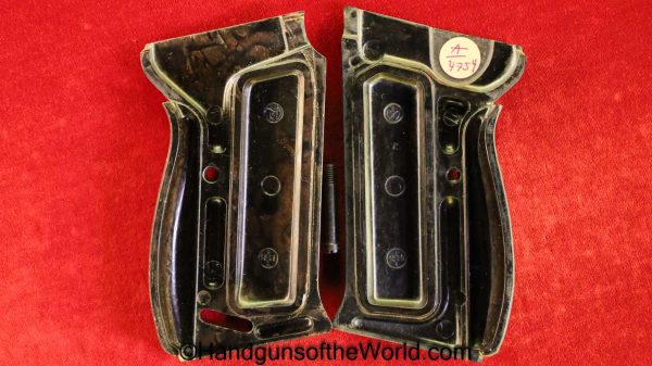 Walther, P-38, Grips, WWII, Era, WW2, Original, Collectible, German, Germany, dark brown, Bakelite, milled out for experimental sear, Sear, Horseshoe, Open