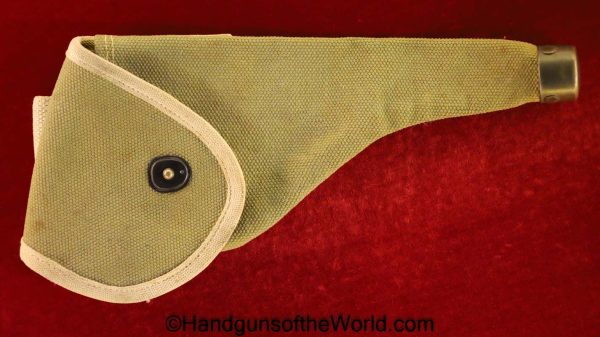 US, 38, Caliber, Revolver, Canvas, Holster, Green, tan piping, brass toe cap, Original, Collectible, .38, Cal, DA, WWI, WW1, WWII, WW2, USA, American