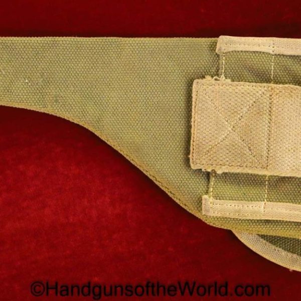 US, 38, Caliber, Revolver, Canvas, Holster, Green, tan piping, brass toe cap, Original, Collectible, .38, Cal, DA, WWI, WW1, WWII, WW2, USA, American