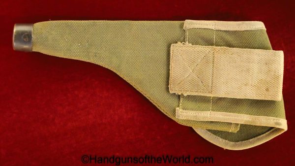 US, 38, Caliber, Revolver, Canvas, Holster, Green, tan piping, brass toe cap, Original, Collectible, .38, Cal, DA, WWI, WW1, WWII, WW2, USA, American