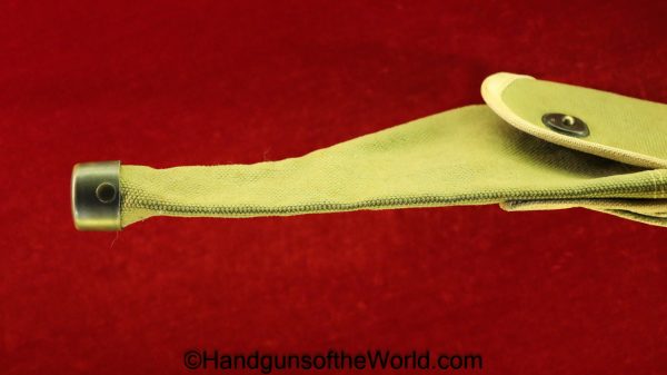 US, 38, Caliber, Revolver, Canvas, Holster, Green, tan piping, brass toe cap, Original, Collectible, .38, Cal, DA, WWI, WW1, WWII, WW2, USA, American