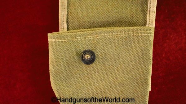 US, 38, Caliber, Revolver, Canvas, Holster, Green, tan piping, brass toe cap, Original, Collectible, .38, Cal, DA, WWI, WW1, WWII, WW2, USA, American