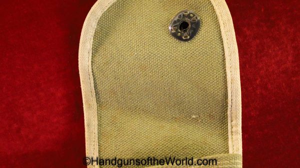 US, 38, Caliber, Revolver, Canvas, Holster, Green, tan piping, brass toe cap, Original, Collectible, .38, Cal, DA, WWI, WW1, WWII, WW2, USA, American