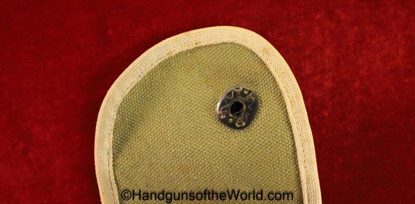 US, 38, Caliber, Revolver, Canvas, Holster, Green, tan piping, brass toe cap, Original, Collectible, .38, Cal, DA, WWI, WW1, WWII, WW2, USA, American