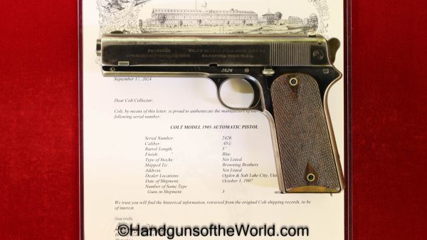 Colt, 1905, .45acp, 1907, Browning Brothers, Model, 45, .45, acp, auto, Handgun, Pistol, C&R, Collectible, Hand gun, Lettered, with Letter, Browning