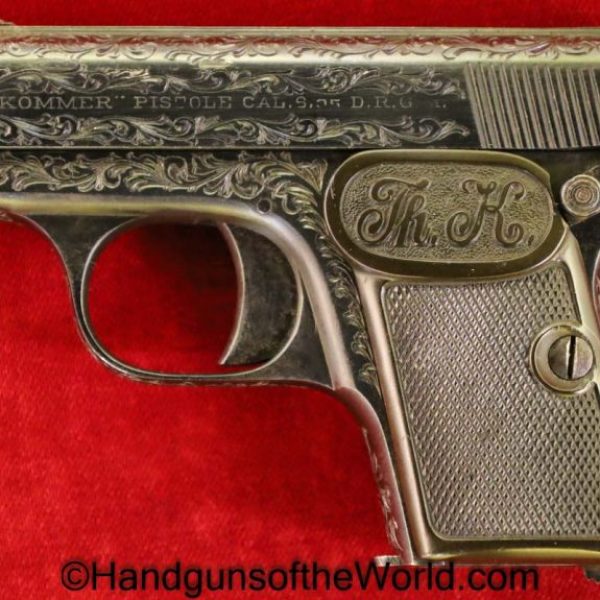 Kommer, Model 2, 6.35mm, Custom Engraved, Engraved, German, Germany, Handgun, Pistol, C&R, Collectible, VP, Vest Pocket, 6.35, 25, .25, acp, auto, Model II