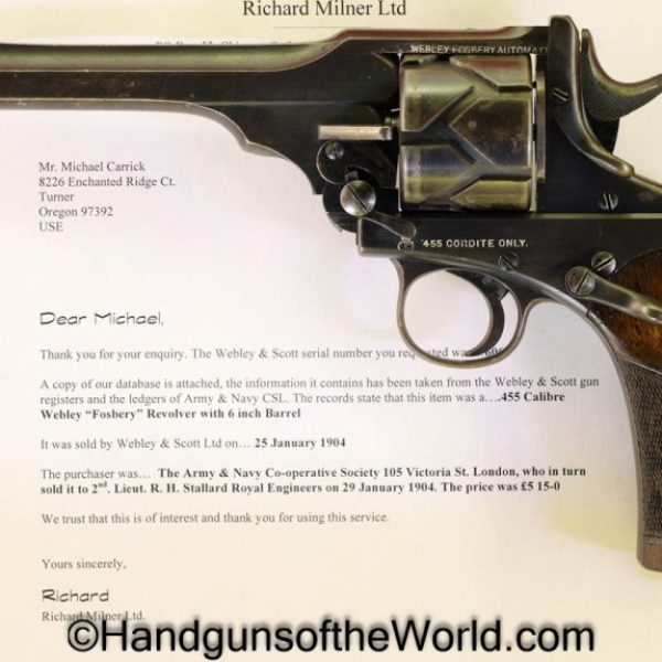 Webley, 1903, Fosbery, .455, Inscribed, with Provenance, Handgun, Revolver, Pistol, C&R, Collectible, Model, 455, British, English, UK, with Letter