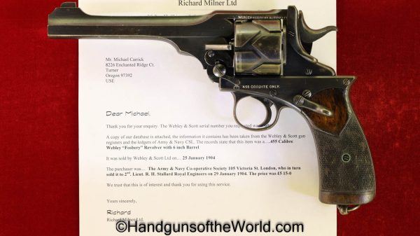 Webley, 1903, Fosbery, .455, Inscribed, with Provenance, Handgun, Revolver, Pistol, C&R, Collectible, Model, 455, British, English, UK, with Letter