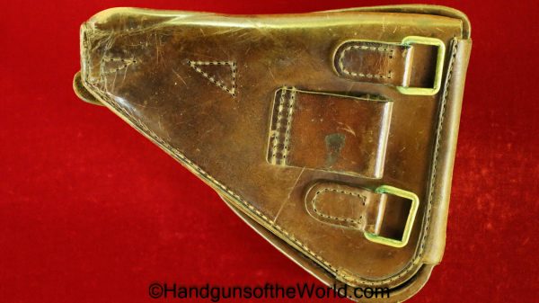 Nambu, Type 14, Holster, brown, leather, clamshell, with brass fittings, Brass, Original, Collectible, Japan, Japanese, WWII, WW2, Type, 14, Clam Shell