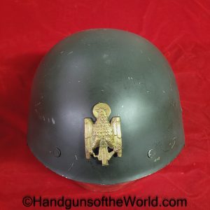 Spanish, M-42, Helmet, Original, Collectible, Spain, M42, M 42, M.42, dark green, painted, steel, Brass, Policia Armada, Armed Police, Franco, Leather