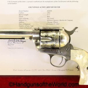 Colt, SAA, .45 Colt, 1912 Carved Steer Head Pearl Grips, 45, .45, LC, Long Colt, Single Action Army, Handgun, Revolver, C&R, Collectible, with Letter