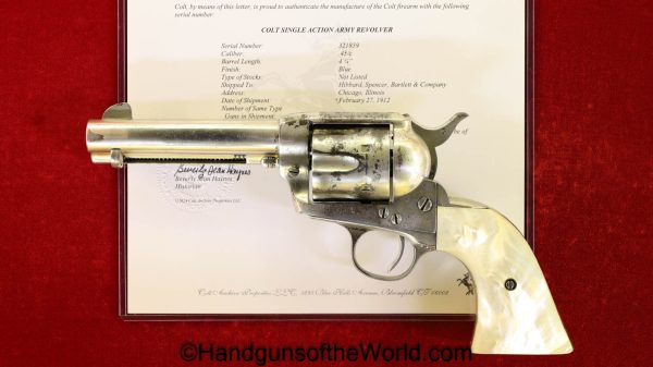 Colt, SAA, .45 Colt, 1912 Carved Steer Head Pearl Grips, 45, .45, LC, Long Colt, Single Action Army, Handgun, Revolver, C&R, Collectible, with Letter