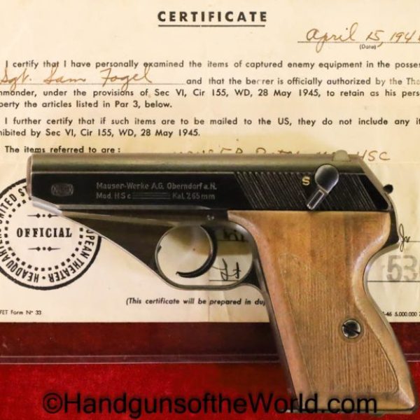 Mauser, HSc, 7.65mm, Late War, with Capture Paper, German, Germany, Handgun, Pistol, C&R, Collectible, Pocket, WWII, WW2, 7.65, 32, .32, acp, auto